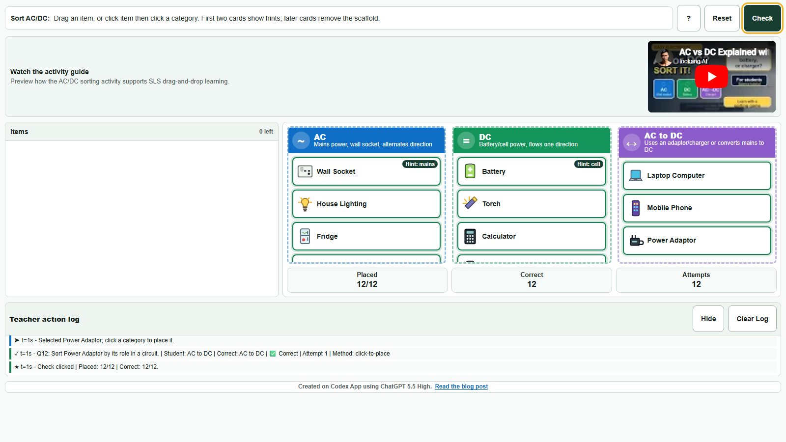 AC/DC sorting drag-and-drop activity created with Codex for SLS
